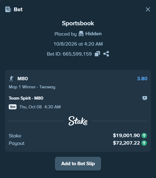 Bet slip: Team Spirit - M80, $19,000.00 stake at 3.80 odds, placed by Hidden
