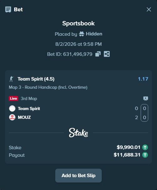 Bet slip: Team Spirit - MOUZ, $10,000.00 stake at 1.17 odds, placed by Hidden