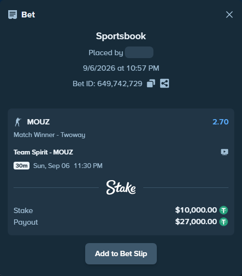 Bet slip: Team Spirit - MOUZ, $10,000.00 stake at 2.70 odds, placed by mi6a1