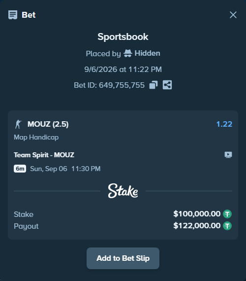 Bet slip: Team Spirit - MOUZ, $100,000.00 stake at 1.22 odds, placed by Hidden