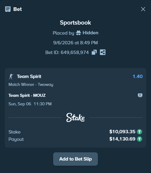 Bet slip: Team Spirit - MOUZ, $10,092.34 stake at 1.40 odds, placed by Hidden