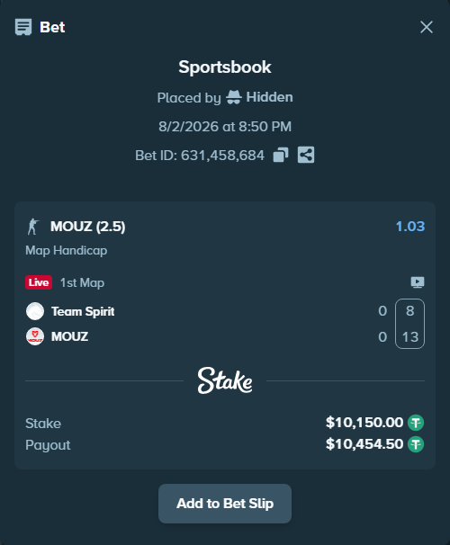 Bet slip: Team Spirit - MOUZ, $10,160.15 stake at 1.03 odds, placed by Hidden