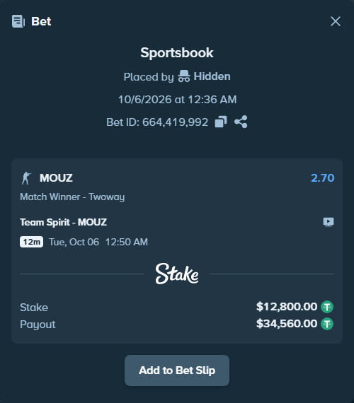 Bet slip: Team Spirit - MOUZ, $12,800.00 stake at 2.70 odds, placed by Håvardlied2004