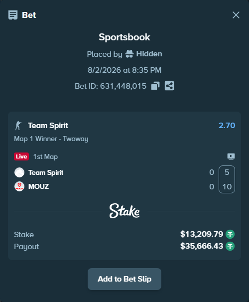 Bet slip: Team Spirit - MOUZ, $13,223.00 stake at 2.70 odds, placed by Hidden