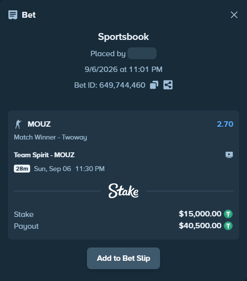 Bet slip: Team Spirit - MOUZ, $15,000.00 stake at 2.70 odds, placed by winnirium228