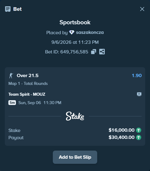 Bet slip: Team Spirit - MOUZ, $16,000.00 stake at 1.90 odds, placed by saszakoncza