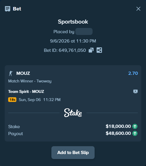 Bet slip: Team Spirit - MOUZ, $18,000.00 stake at 2.70 odds, placed by mi6a1