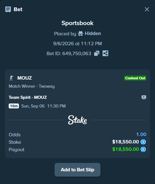 Bet slip: Team Spirit - MOUZ, $18,550.00 stake at 2.70 odds, placed by Hidden