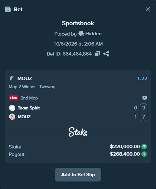 Bet slip: Team Spirit - MOUZ, $220,000.00 stake at 1.22 odds, placed by Mnt41