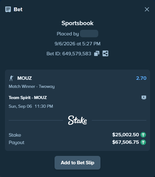 Bet slip: Team Spirit - MOUZ, $25,000.00 stake at 2.70 odds, placed by mi6a1