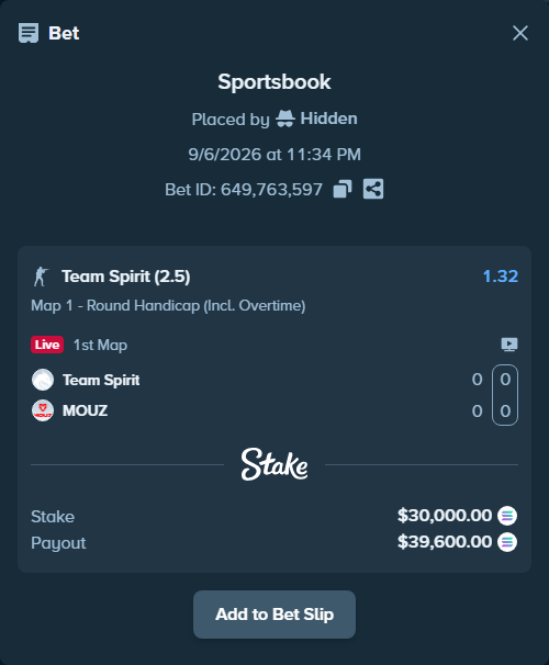 Bet slip: Team Spirit - MOUZ, $29,472.10 stake at 1.32 odds, placed by Hidden