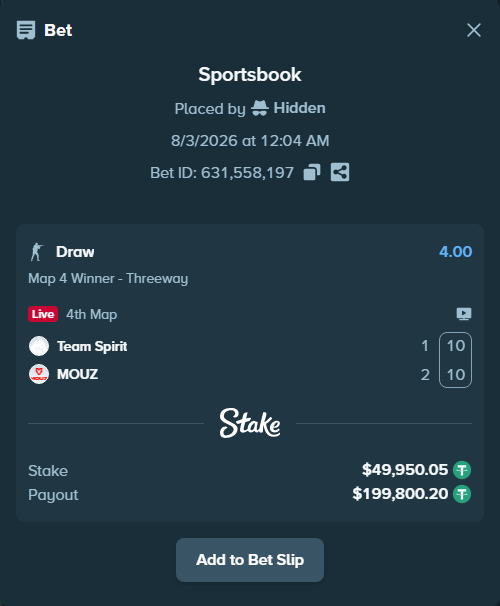 Bet slip: Team Spirit - MOUZ, $50,000.00 stake at 4.00 odds, placed by Hidden