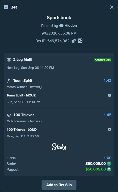 Bet slip: Team Spirit - MOUZ, $50,000.00 stake at 1.42 odds, placed by Hidden
