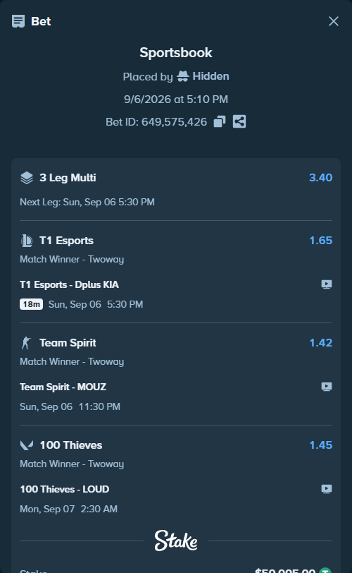 Bet slip: Team Spirit - MOUZ, $50,000.00 stake at 1.42 odds, placed by Hidden