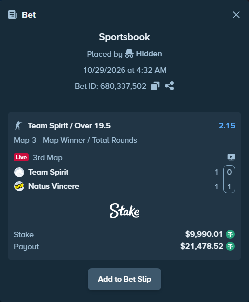 Bet slip: Team Spirit - Natus Vincere, $10,000.00 stake at 2.15 odds, placed by Hidden