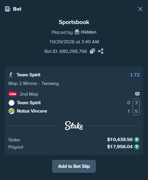 Bet slip: Team Spirit - Natus Vincere, $10,450.00 stake at 1.72 odds, placed by Mishsupport
