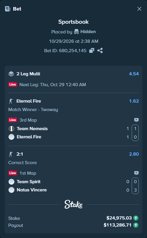 Bet slip: Team Spirit - Natus Vincere, $25,000.00 stake at 2.80 odds, placed by Hidden