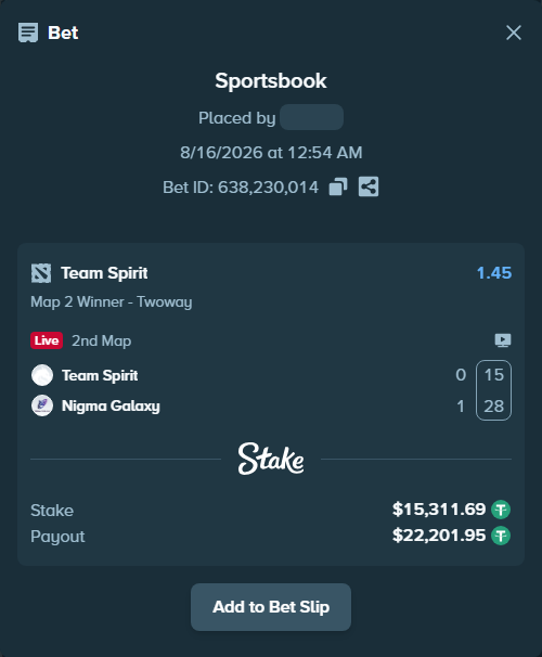 Bet slip: Team Spirit - Nigma Galaxy, $15,327.00 stake at 1.45 odds, placed by Hanselwilliam1