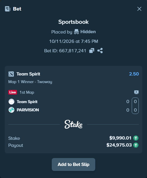 Bet slip: Team Spirit - PARIVISION, $10,000.00 stake at 2.50 odds, placed by Hidden