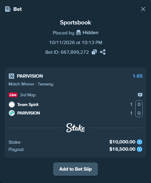 Bet slip: Team Spirit - PARIVISION, $10,000.00 stake at 1.65 odds, placed by Hidden