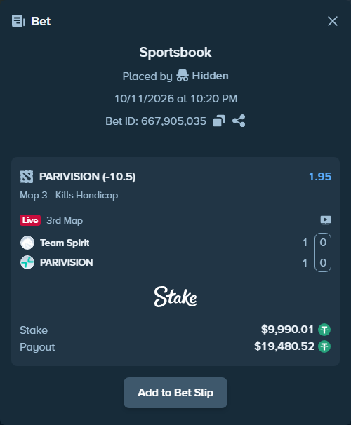 Bet slip: Team Spirit - PARIVISION, $10,000.00 stake at 1.95 odds, placed by Hidden