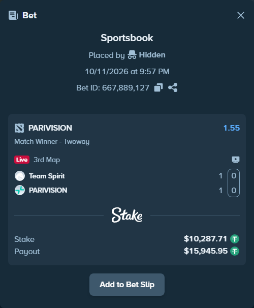 Bet slip: Team Spirit - PARIVISION, $10,298.00 stake at 1.55 odds, placed by Dmitraden