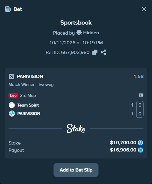 Bet slip: Team Spirit - PARIVISION, $10,700.00 stake at 1.58 odds, placed by Hidden