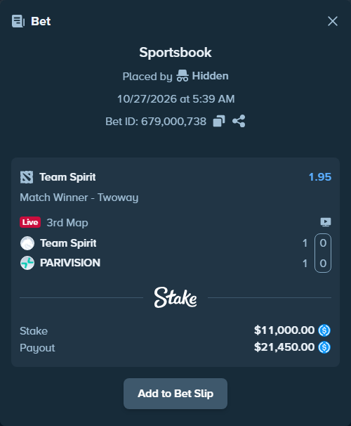 Bet slip: Team Spirit - PARIVISION, $11,000.00 stake at 1.95 odds, placed by dumanskyi