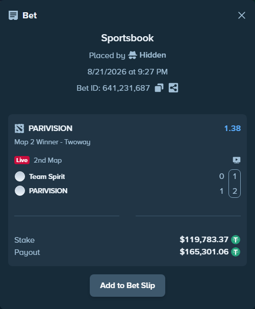 Bet slip: Team Spirit - PARIVISION, $119,783.37 stake at 1.38 odds, placed by BashirGoldenDr