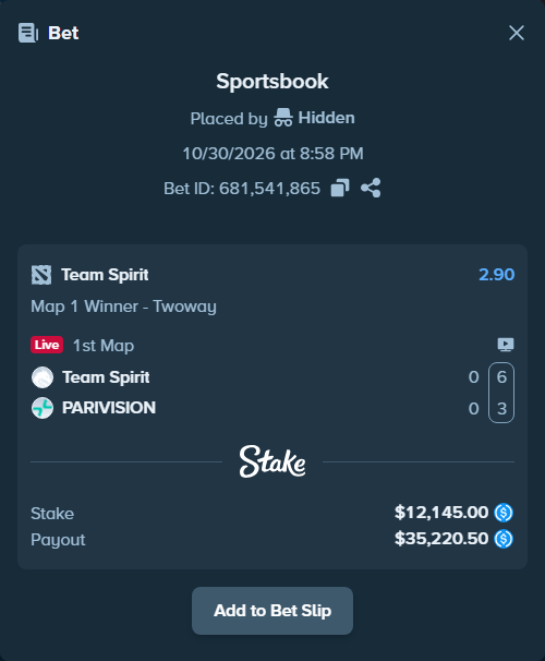 Bet slip: Team Spirit - PARIVISION, $12,145.00 stake at 2.90 odds, placed by Hidden