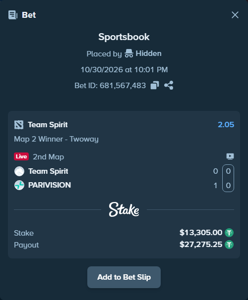 Bet slip: Team Spirit - PARIVISION, $13,318.30 stake at 2.05 odds, placed by ne0tlozhka