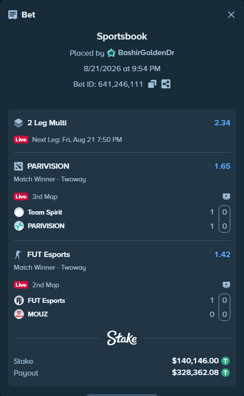 Bet slip: Team Spirit - PARIVISION, $140,146.00 stake at 1.65 odds, placed by BashirGoldenDr