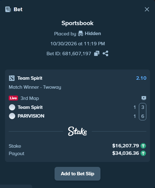 Bet slip: Team Spirit - PARIVISION, $16,224.00 stake at 2.10 odds, placed by Hidden