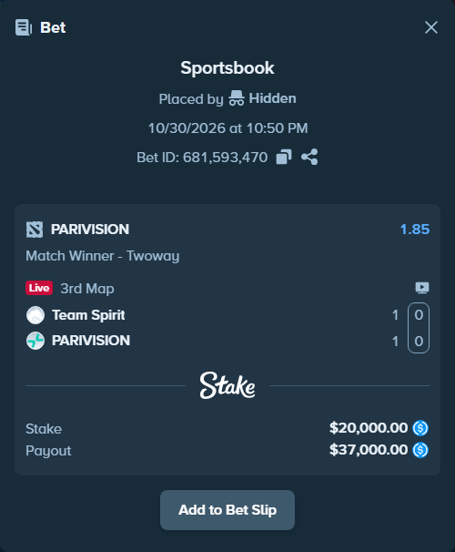 Bet slip: Team Spirit - PARIVISION, $20,000.00 stake at 1.85 odds, placed by Hidden