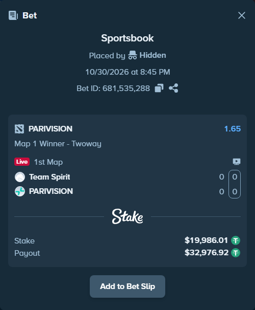 Bet slip: Team Spirit - PARIVISION, $20,006.00 stake at 1.65 odds, placed by Hidden