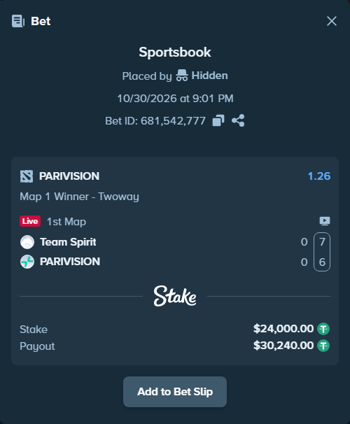 Bet slip: Team Spirit - PARIVISION, $24,024.00 stake at 1.26 odds, placed by Hidden