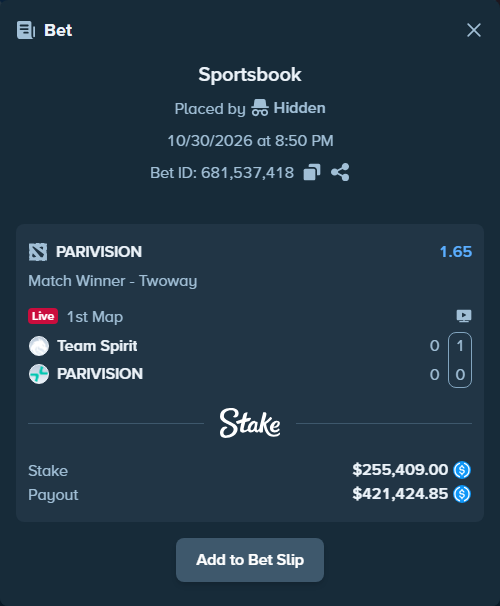 Bet slip: Team Spirit - PARIVISION, $255,409.00 stake at 1.65 odds, placed by Hidden