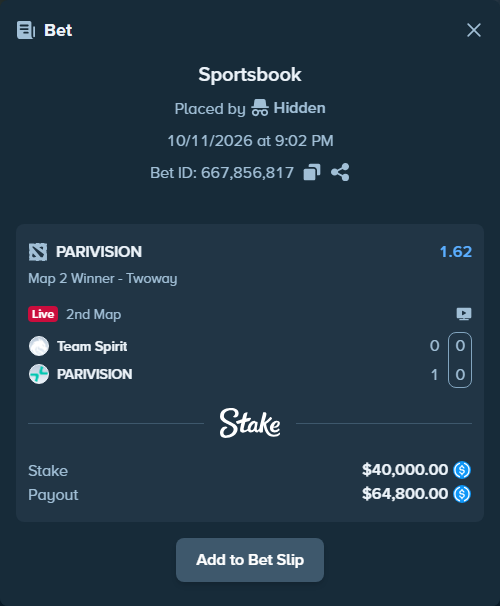 Bet slip: Team Spirit - PARIVISION, $40,000.00 stake at 1.62 odds, placed by Hidden