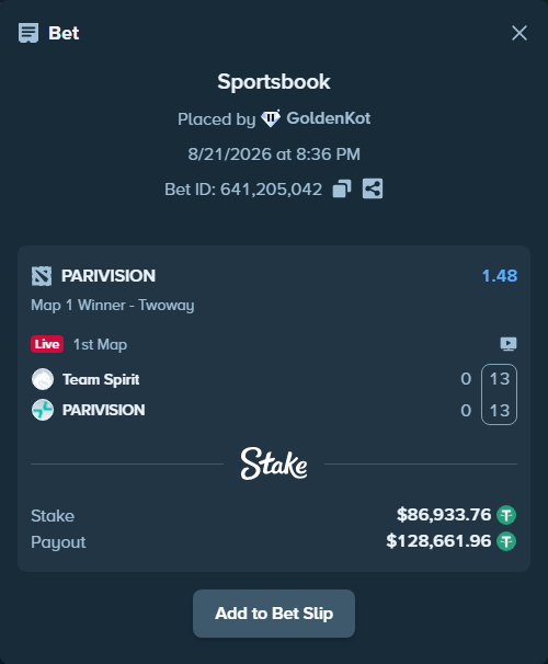 Bet slip: Team Spirit - PARIVISION, $86,933.76 stake at 1.48 odds, placed by GoldenKot