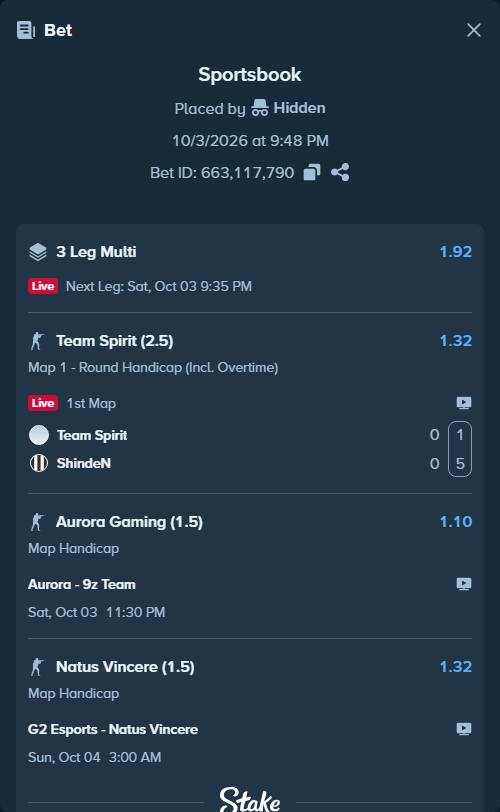Bet slip: Team Spirit - ShindeN, $10,000.00 stake at 1.32 odds, placed by Hidden
