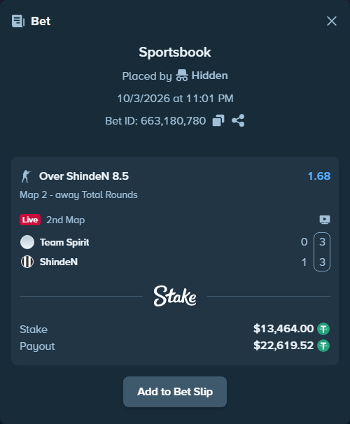 Bet slip: Team Spirit - ShindeN, $13,464.00 stake at 1.68 odds, placed by Hidden