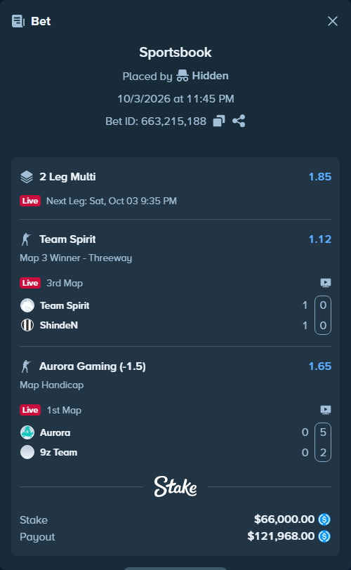 Bet slip: Team Spirit - ShindeN, $66,000.00 stake at 1.12 odds, placed by Hidden