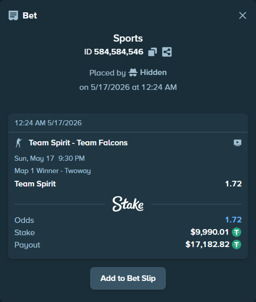 Bet slip: Team Spirit - Team Falcons, $10,000.00 stake at 1.72 odds, placed by Hidden