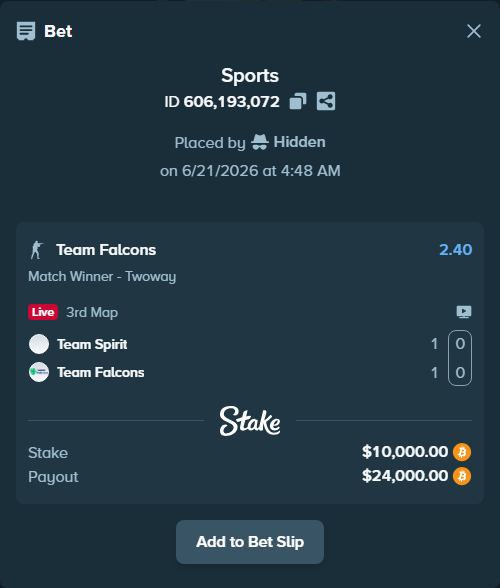 Bet slip: Team Spirit - Team Falcons, $9,412.08 stake at 2.40 odds, placed by Hidden