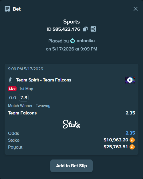 Bet slip: Team Spirit - Team Falcons, $8,986.18 stake at 2.35 odds, placed by antoniku