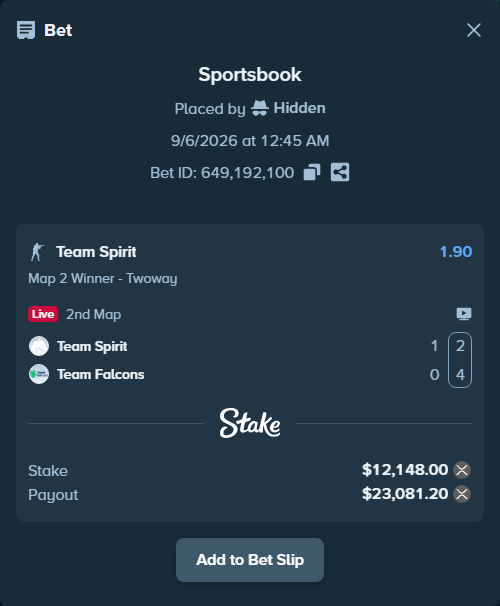 Bet slip: Team Spirit - Team Falcons, $12,199.31 stake at 1.90 odds, placed by Hidden