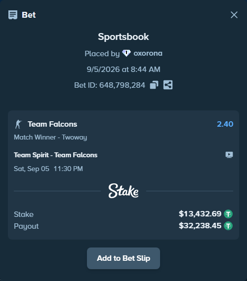 Bet slip: Team Spirit - Team Falcons, $13,430.00 stake at 2.40 odds, placed by oxorona