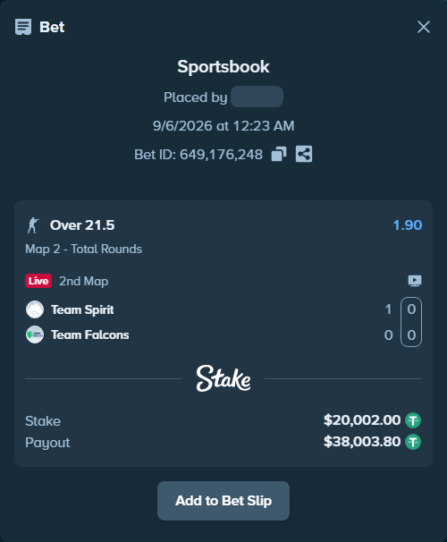 Bet slip: Team Spirit - Team Falcons, $20,000.00 stake at 1.90 odds, placed by saszakoncza