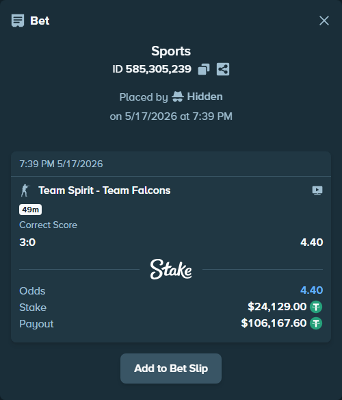 Bet slip: Team Spirit - Team Falcons, $24,129.00 stake at 4.40 odds, placed by Hidden