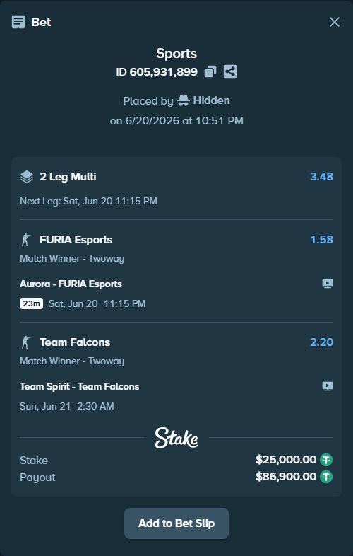 Bet slip: Team Spirit - Team Falcons, $25,025.00 stake at 2.20 odds, placed by Hidden